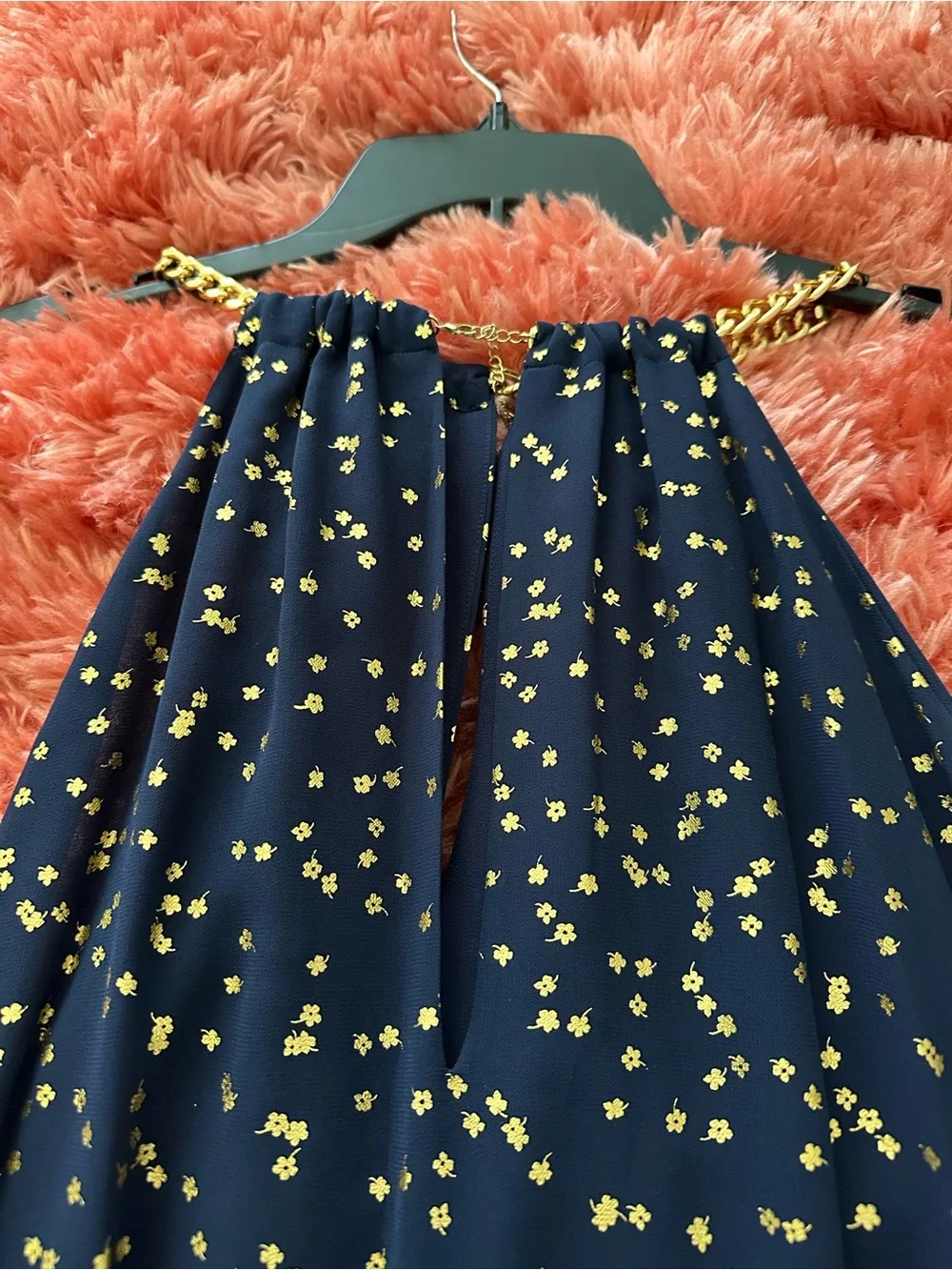 Michael Kors Chain Neck Metallic Print Trapeze Dress in True Navy and Gold Foil